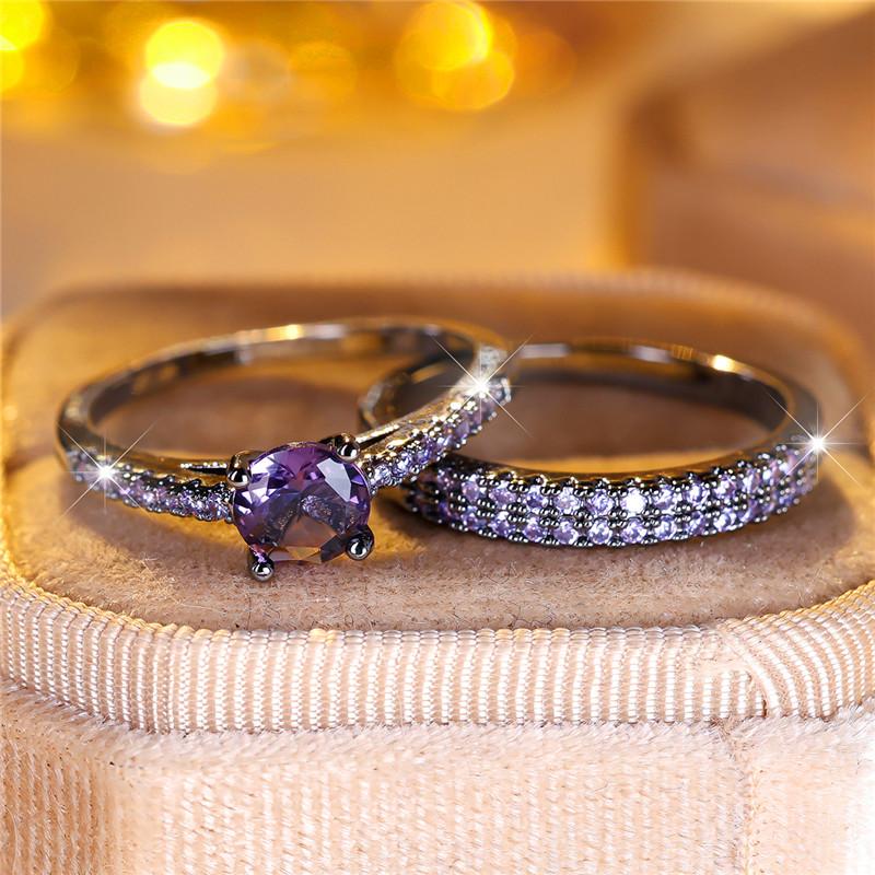 Female Crystal Blue Zircon Stone Heart Engagement Ring Set Luxury Black Gold Color Wedding  For Women