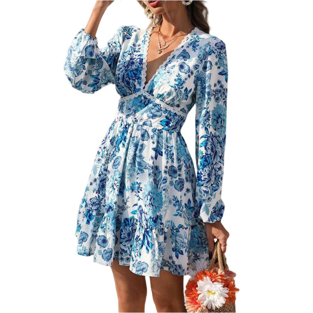Women's Fashion Lace V-neck Printed Casual Holiday Long Sleeve Dress