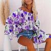 Women's Off The Shoulder Long Sleeve Top Slim Fit Vacation Floral Print Bell Sleeve Blouse