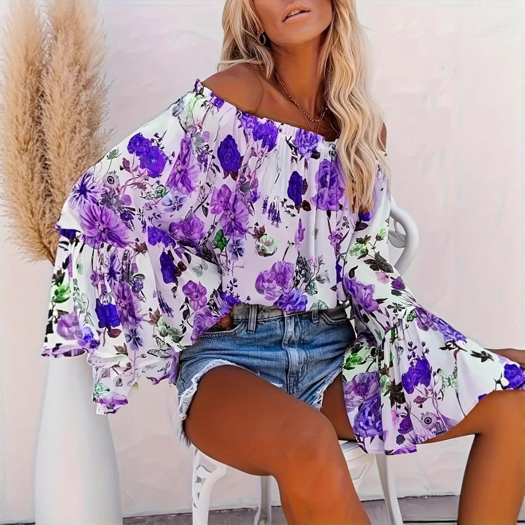 Women's Off The Shoulder Long Sleeve Top Slim Fit Vacation Floral Print Bell Sleeve Blouse