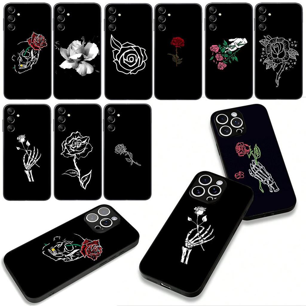For Apple iPhone 16 15 14 Plus 13 12 Mini 17 Pro Max + ProMax 16E Air 15+ Phone Cover Case Black White Rose Flower Casing