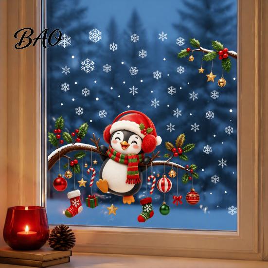 Winter Theme Window Ornaments Christmas Static Cling, Penguin Decal with Holly Baubles Snowflakes, Atmosphere Decor Festive for Home Living