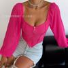 Women Off Shoulder Corset Top Long Sheer Mesh Sleeve Zip Front Blouse