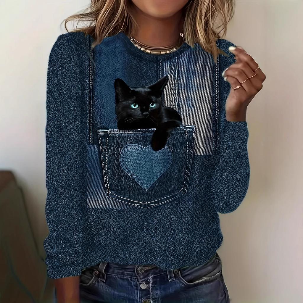 Round Neck 3D Cat Printed Top Casual Long Sleeved Women's T-shirts - Soft Medium Stretch Polyester Fabric Spring and Autumn Relaxed Fit Clothing