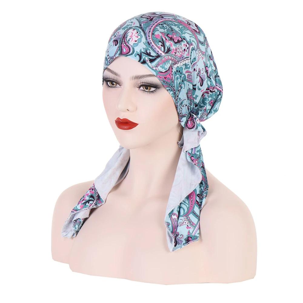 New Muslim Inner Hijab Turban Women Pre-Tied Cap Long Tail Headscarf Wrap Beanies Bonnet Head Scarf Stretch Headwear Ninja Hat