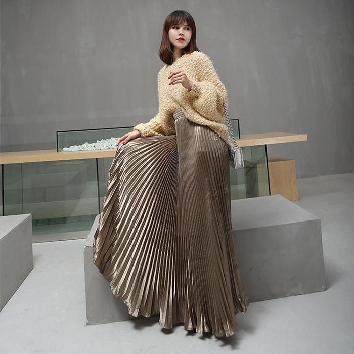 Women Reflective Bright Satin Long Skirt with Solid Color Pleated A-Line Skirts for Fall