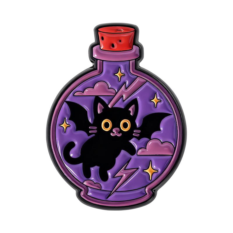 Black Cat Bat Enamel Pins Witch Magic Potion Bottle Brooches Lapel Badges Cartoon Punk Jewelry Gift for Kids Friends