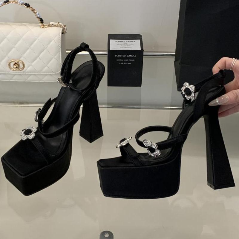 Fashion Sunflower Rhinestone Buckle Square Toe Women Heels Open Toe Narrow Band Luxury Super High Heel Sandals Fashion Party Dress Shoes