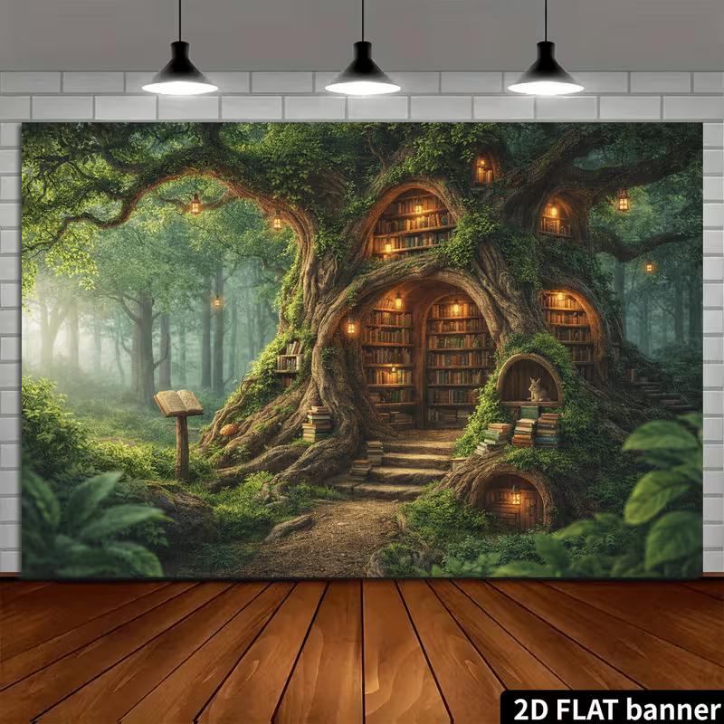 2D Fairy Tale Tree Library Tapestry Magical Forest Book Home with Rabbit Wall Art