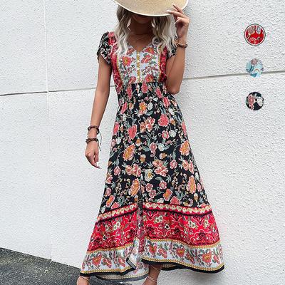 Summer Midi Length Skirt European And American V-Neck Ethnic Style Print Slit Dress