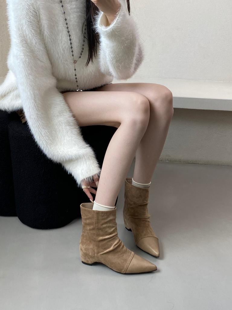 Women's shoes real shot pointed retro elastic boots autumn and winter suede splicing thin boots rear zipper versatile solid color