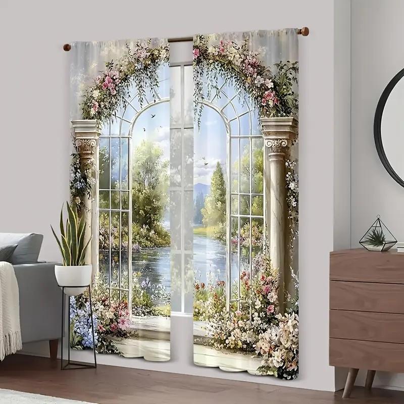 2 Pcs Flower bouquet arch print curtains,suitable for bedroom,living room kitchen decoration,home decoration,window decoration