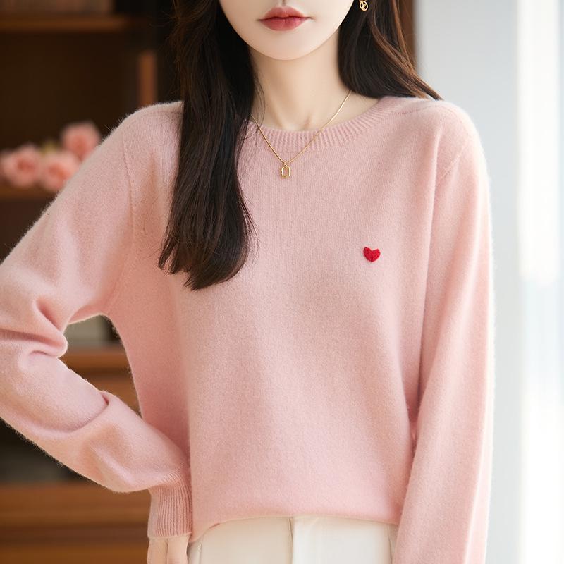 Heart Embroidery Pure Wool Round Neck Pullover Sweater - Autumn/Winter Collection