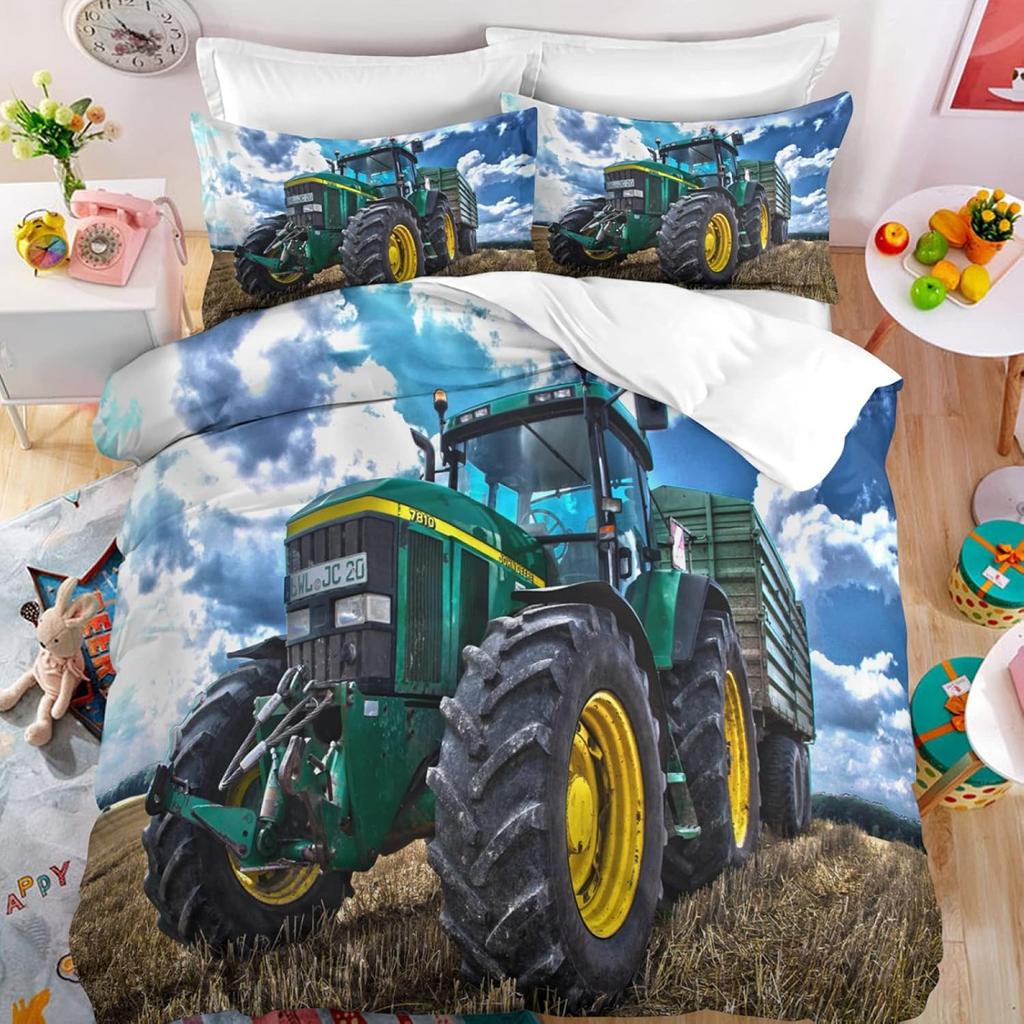 Tractor Bedding Set With Pillow Cover 75X50Cm, Tractor Pattern Boys Quilt Cover Set, Microfiber Comfortable Duvet Cover Set