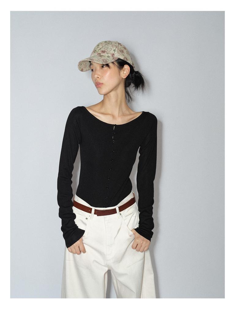 [Shi Shi] Women's Slim Fit Wool Cardigan - Boat Neck, Single-Breasted, Long Sleeve, Slightly Elastic, V8141