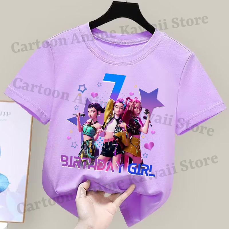 Kpop Demon Hunters Purple T-shirts Girls Cartoon Number Printed Short-sleeved Top Children Summer Sweet T-shirt Birthday Gift