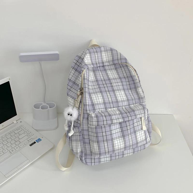 

WTEMPO Школьные сумки в стиле преппи, художественные рюкзаки, универсальные повседневные элегантные дорожные сумки с принтом в клетку и застежкой-молнией with a pendant фиолетовый