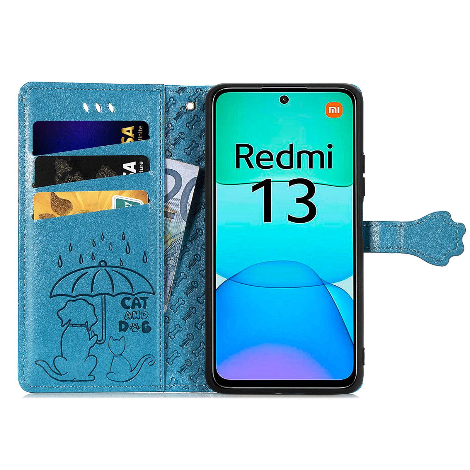 

For Xiaomi Redmi 13 5G/13 4G Case Cat Dog Imprint Leather Flip Phone Cover Blue