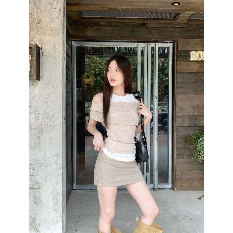Kumikumi Gyaru Set Fake Two-Piece off-Shoulder Short sleeve T-shirt Women Summer High Waist Sheath Skirt Two-piece Set