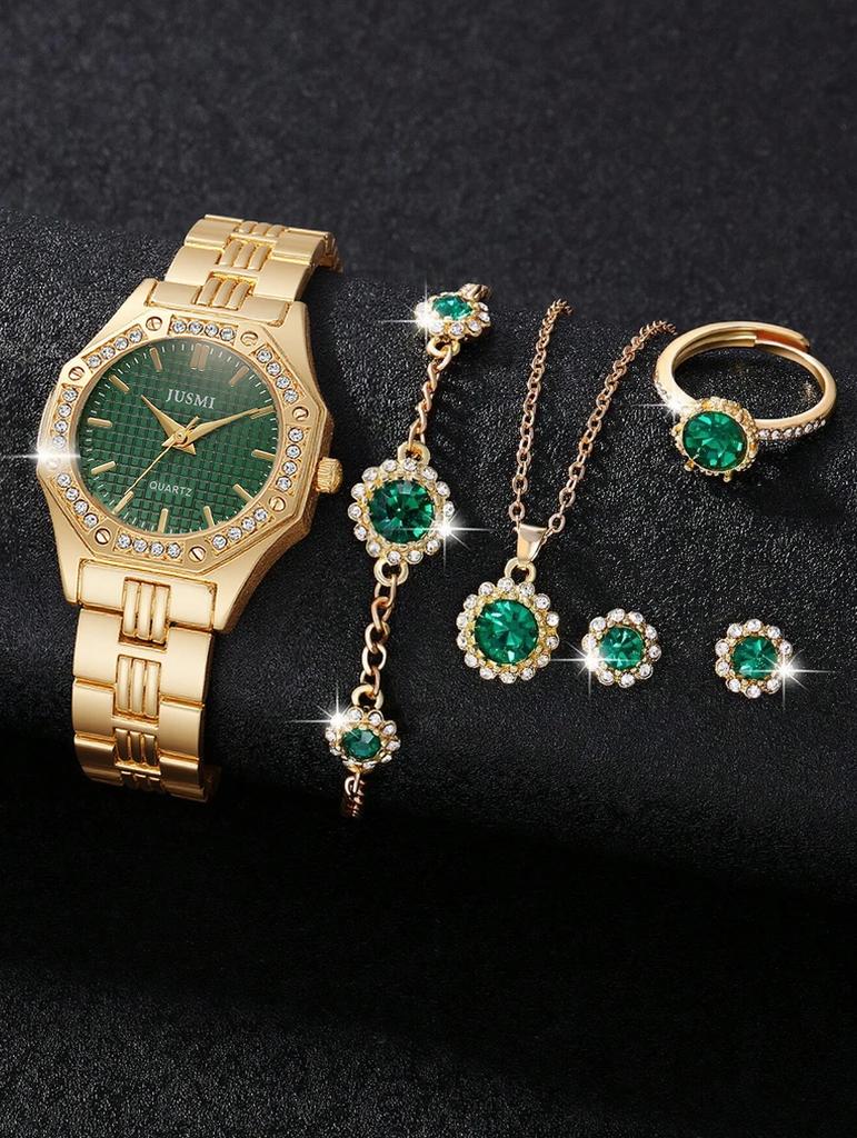 Vintage socialite style emerald gemstone watch six-piece gold watch necklace bracelet ring earrings set, suitable for dating, bi