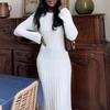 Dámské maxi šaty s dlouhým rukávem, žebrované, pletené, s kulatým výstřihem, bodycon svetrové šaty, elastické, slim, s vázáním v pase, tužkové, dlouhé šaty