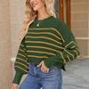 Women's Loose Short Pullover Sweater Stripe Long Sleeve Round Neck Knitted Top