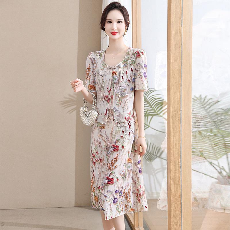 Chiffon V-neck Printed Dress for Women 2025 - Elegant Two-Piece Style for Middle-aged and Elderly Summer Fashion