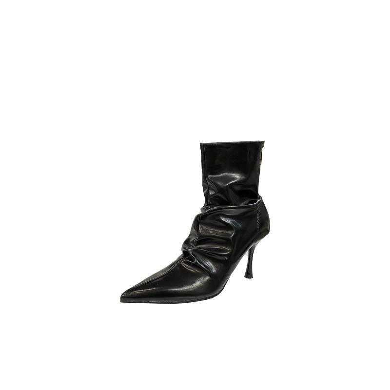 In the autumn and winter of 2025, the new pointed-toed thin-heeled pleated women's boots are fashionable and thin soft leather zipper high-heeled