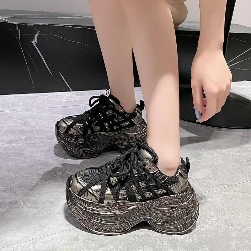 Fashion 8CM New Breathable Mesh Spring Autumn Chunky Sneakers Heels High Platform Dad Shoes Women Fashion Wedges Casual Walking Sneakers