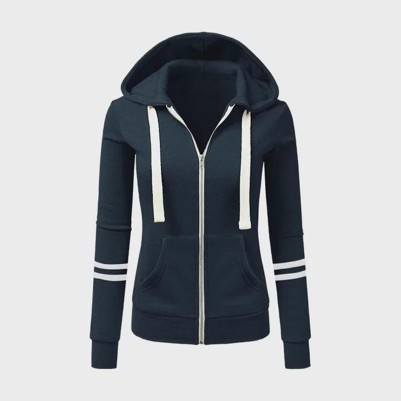 Damen-Strickjacke aus Baumwollfleece mit Kapuze und Reißverschluss für Herbst und Winter