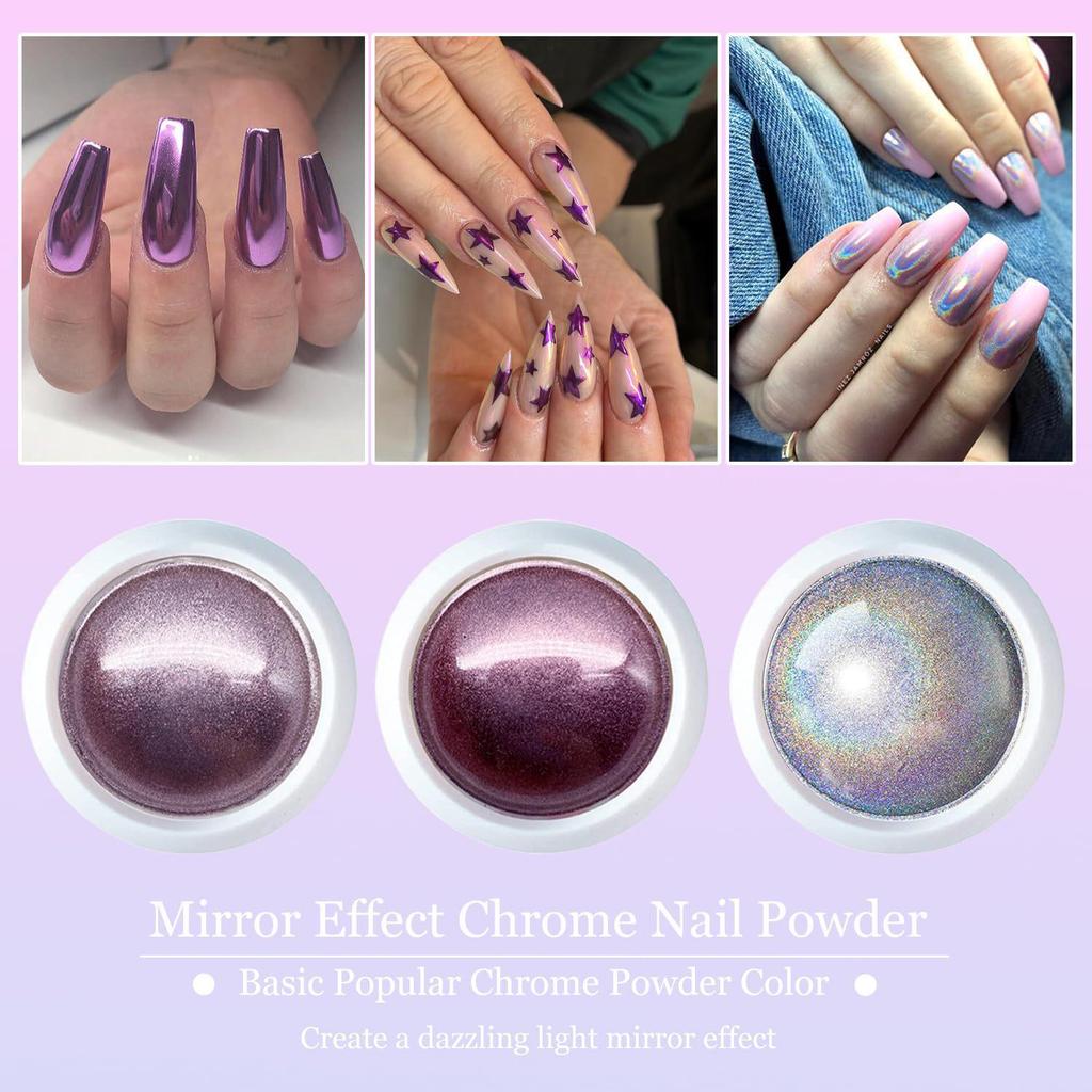 Aurora Mirror Nail Art Set: 6 Color Powder & Blending Sponge