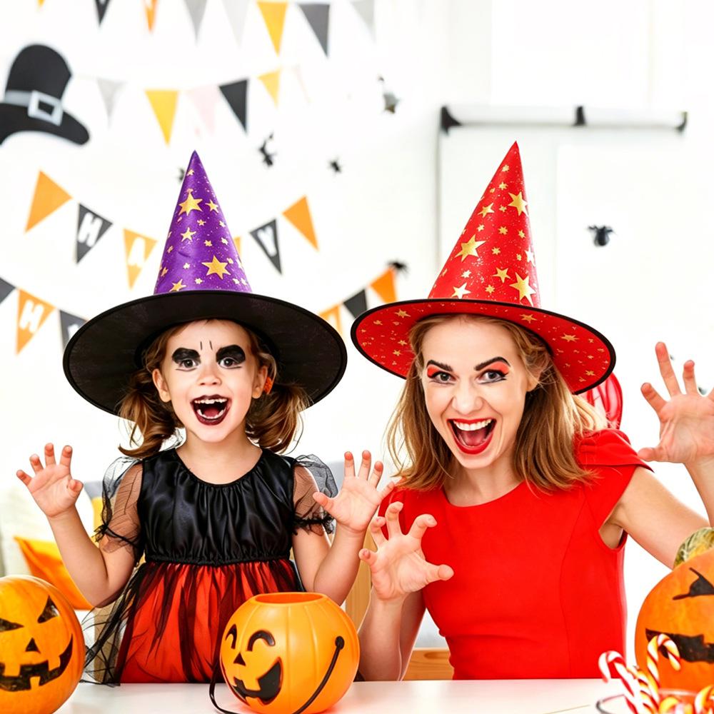 Wizard Costume Halloween Hat with Five-Pointed Stars for Kids and Adults