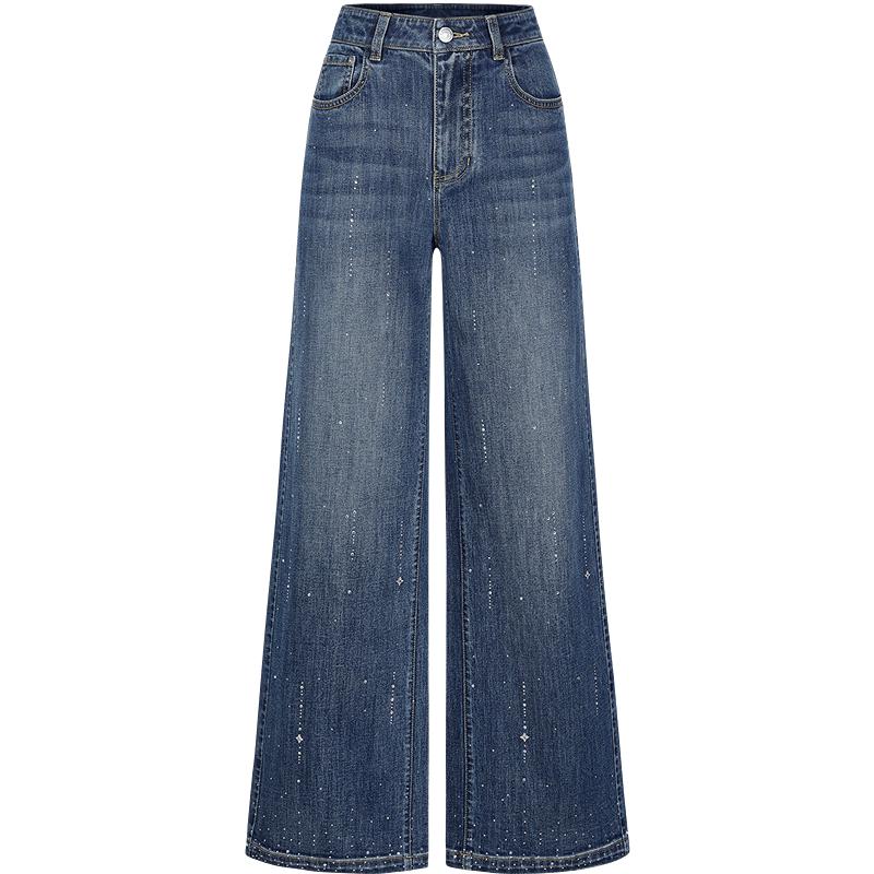 JZ-AnnaCoe Elastic Meteor Hot Drill Wide-Leg Jeans for Women