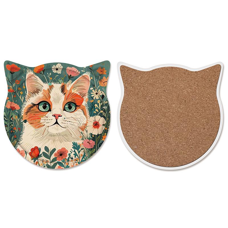 Cat Ceramic Coasters Cork Bottom Coffee Coaster Non-Slip Durable Heat Insulation Mats Home and Decoration Kitchen Utensils