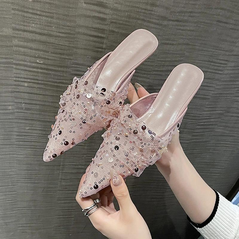 Fashion 2024 Fashion Women's Shoes Baotou Women's Slippers High Quality Sequins Dress Slippers Women Sexy Pointed Toe Heels Womenzapatos