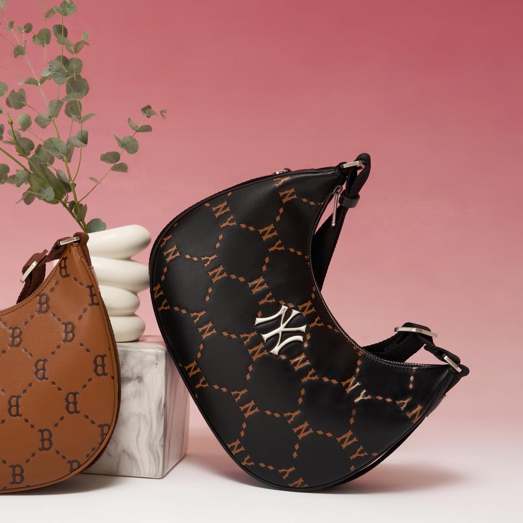 New MLB Monogram Collection Polyester Hobo Pochette, Hobo Bag, Shoulder Bag, Crossbody Bag Tubas Unisex Black 3ABQL012N-50BKS