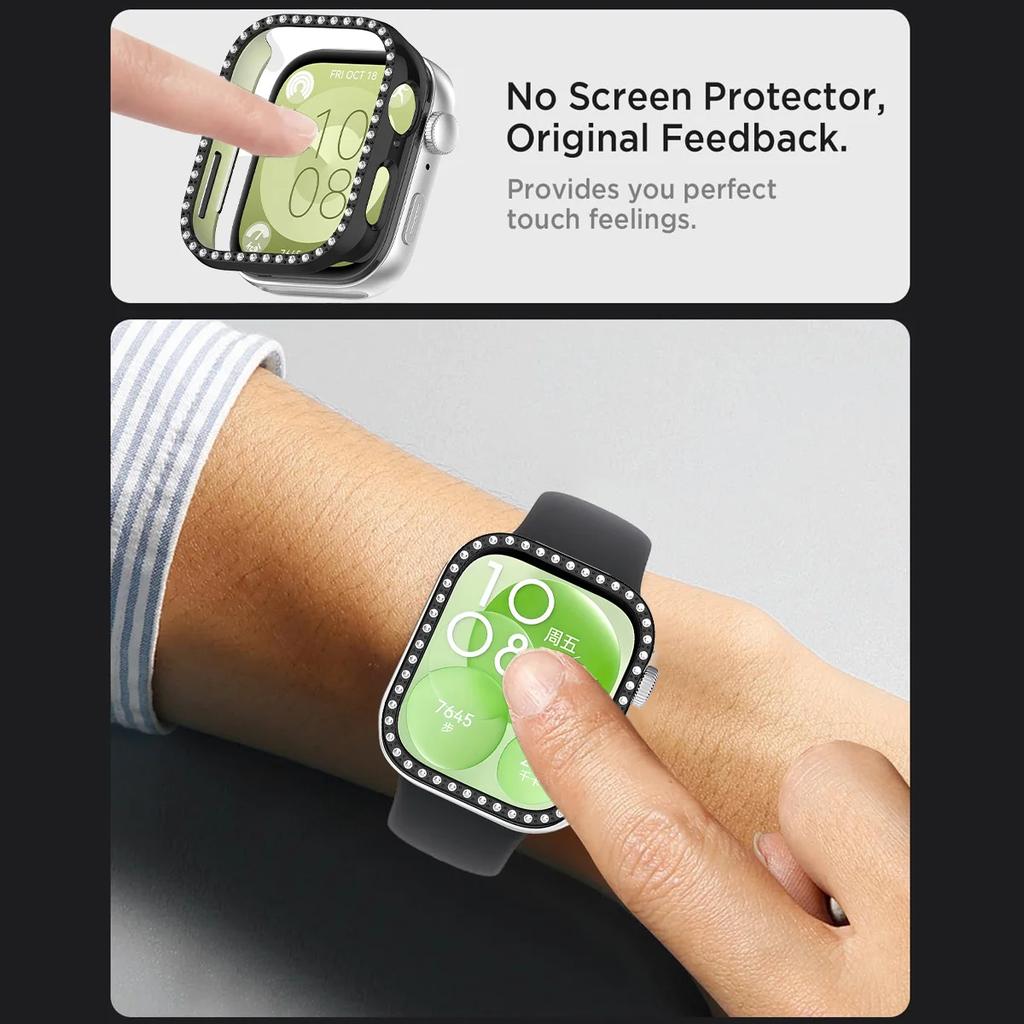 Bling PC Case For Huawei Watch Fit 3 Double Row Diamond Crystal PC Protective Cover Watch Strap Protector Band