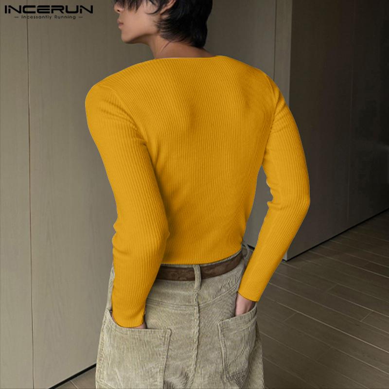 INCERUN Herbst Herren Langarm Einfarbig Rippenmuster Figurbetont Pullover Tops Unterhemden