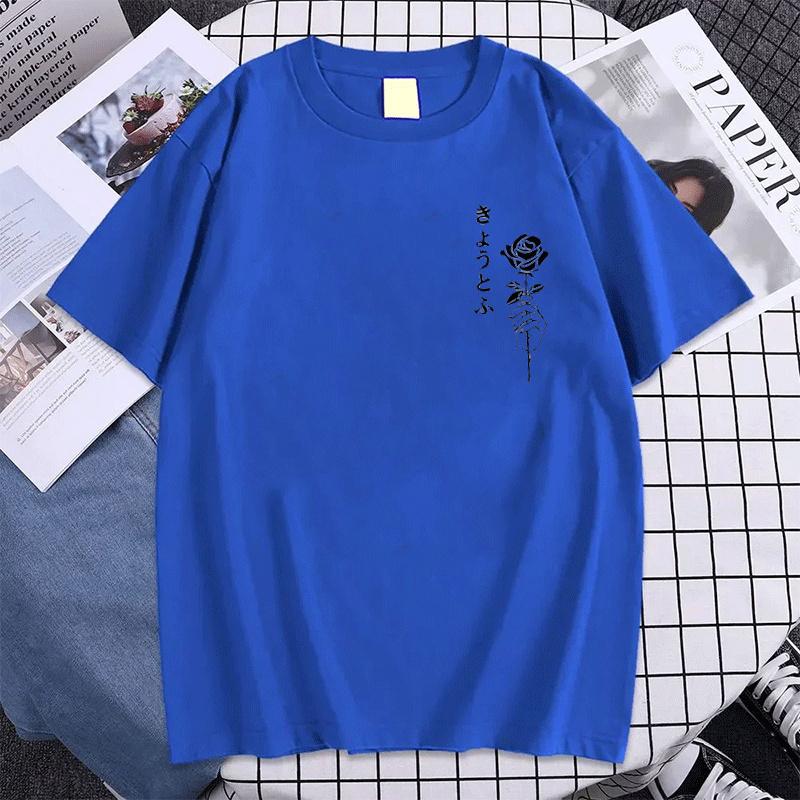 Japan Letter Rose Graphic Men's Short Sleeve Tshirt Summer Oversized Casual O-neck Top Sport Breathable Cotton Streetwear Tshirt