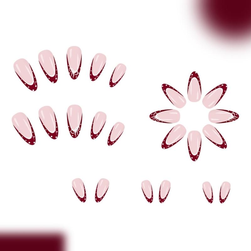 Glossy Press On Nail Almond Shaped Wine Red French Tip With White Polkas Dots and Bows Design 24Pcs for Women Party
