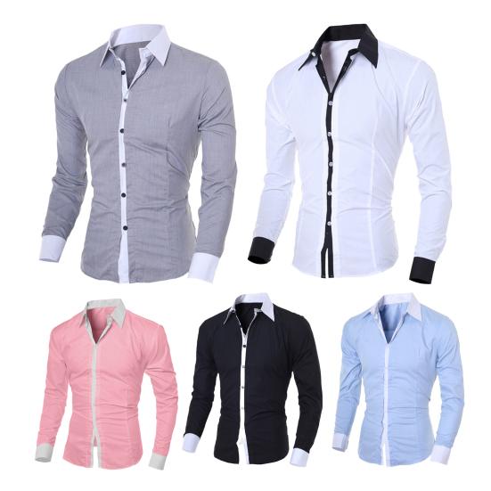 Fall Spring Men Formal Shirt Turn-down Collar Single-breasted Contrast Color Slim Fit Long Sleeves Button Cardigan Mid Length Business Daily