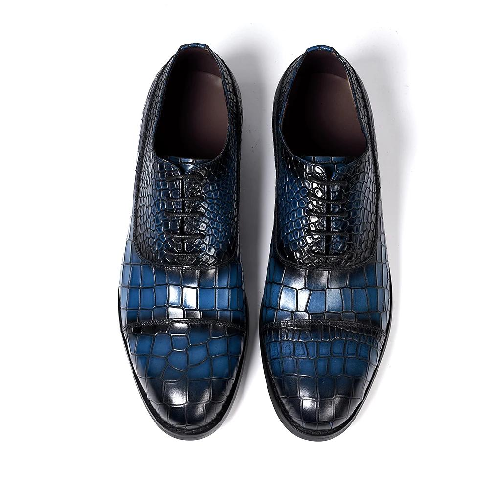 Fashion Luxury Men's Genuine Leather Oxfords Cap Toe Alligator Pattern Snake Print Lace-Up Office Wedding Party Dress Shoes