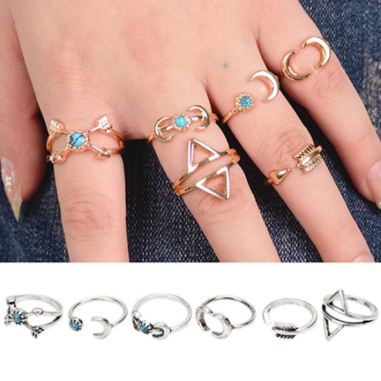 6Pcs Turquoise Arrow Moon Triangle Above Knuckle Ring Mid Finger Tip Stack Rings
