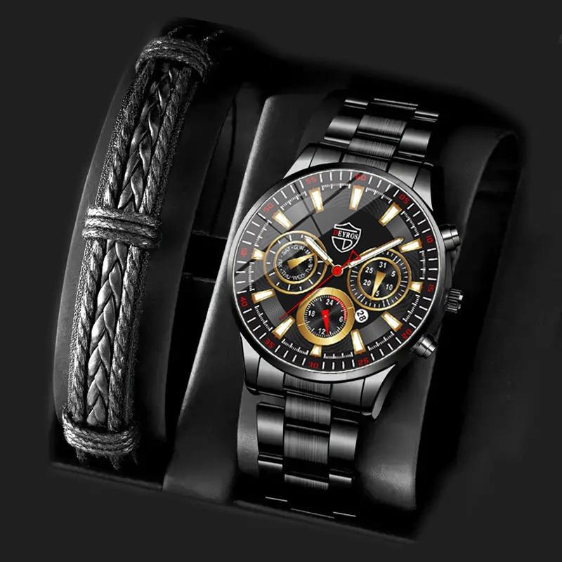 2PCS Set DEYROS Luxury Men's Watch Fashion Men's Calendar Watch Casual Men's Stainless Steel Strap Quartz Watch&Bracelet