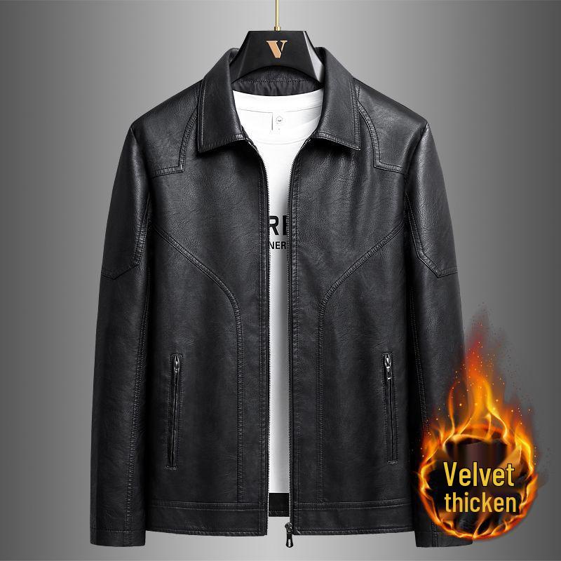 Men's Thickened Fleece-Lined Motorcycle Leather Jacket – Plus Size Lapel Design for Spring & Autumn