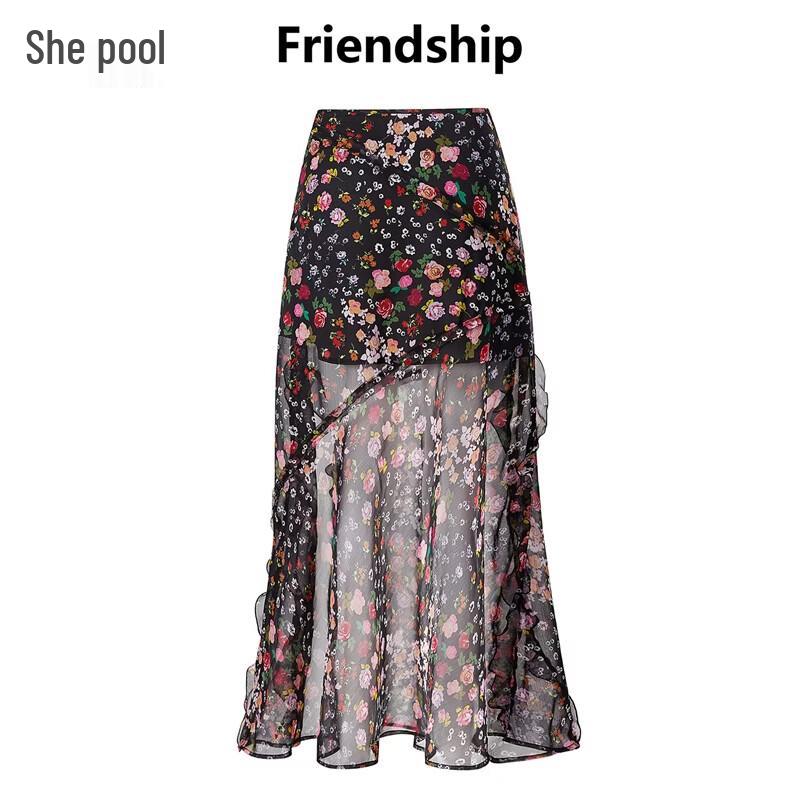 Ethereal Ruffled Sheer Floral High-Waist Slit Maxi Dress S