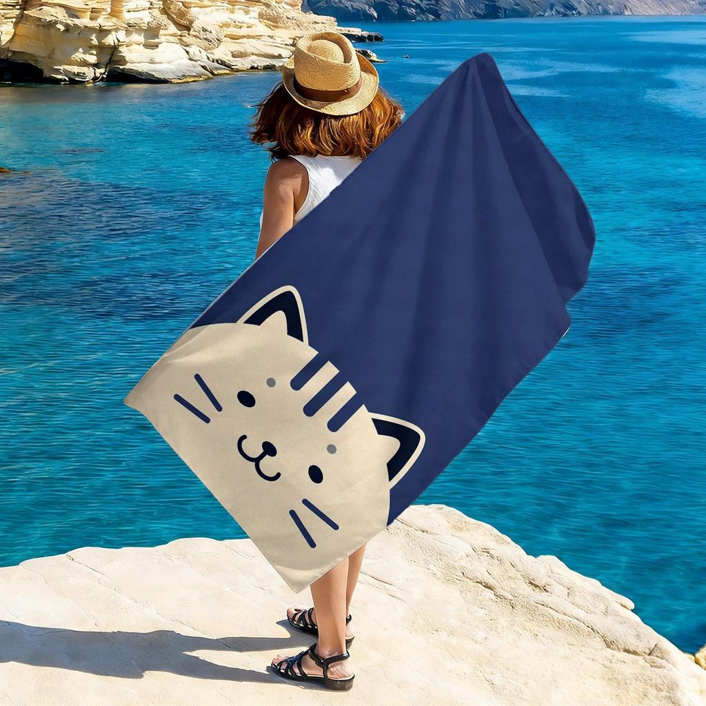 1pc Cute Cartoon Cat Striped Oversized Beach Towel, Quick-Drying Absorbent Towel, Perfect for Beach & Pool Use