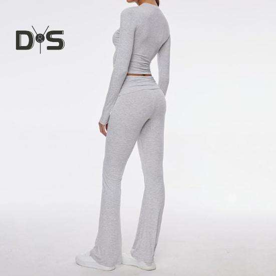 2 Pcs/Set Women Top Pants Suit Skinny High Waist O Neck Long Sleeves Pure Color Stretchy Soft Breathable Yoga Bell Bottoms T-shirt Set Spring Summer