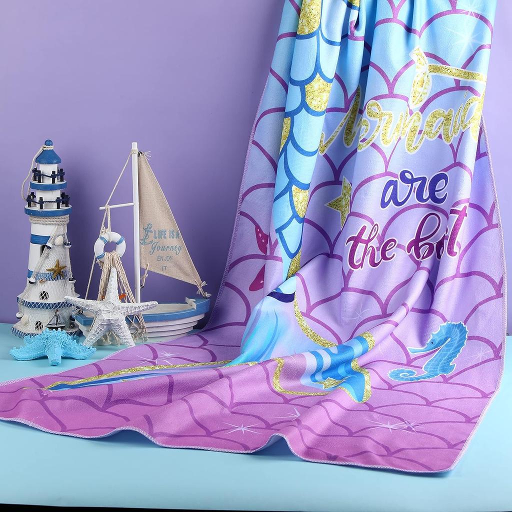 Kids Mermaid Beach Towels Quick Dry Sand Free Absorbent Bath Pool Beach Towel for Girls Travel Shower Swimming Camping Kids
