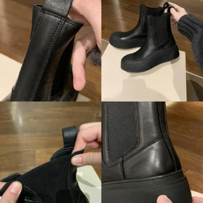 Soft cowhide~ Leather thick-soled Chelsea short boots for women's autumn and winter new one-pedal cigarette holder Martin boots Skinny boots